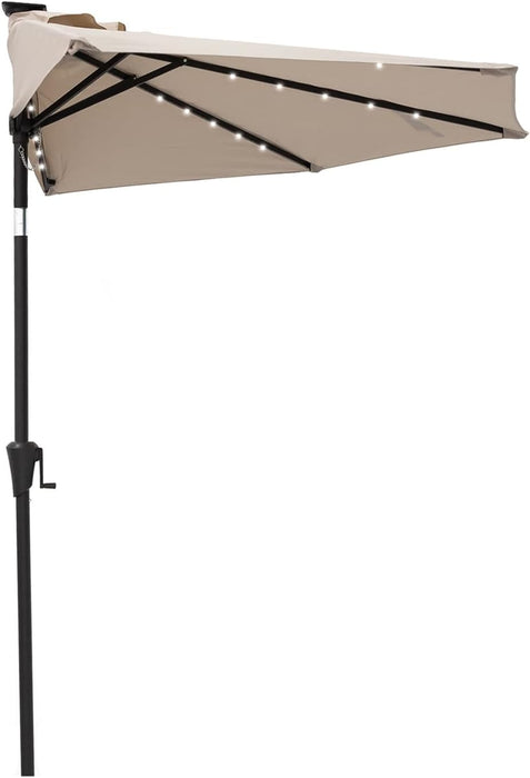 9 Ft Small Half round Solar Powered Wall Outdoor Market Patio Umbrella with LED Lights and Tilt for Garden, Deck, Balcony
