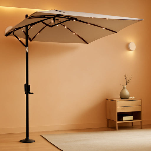9 Ft Small Half round Solar Powered Wall Outdoor Market Patio Umbrella with LED Lights and Tilt for Garden, Deck, Balcony
