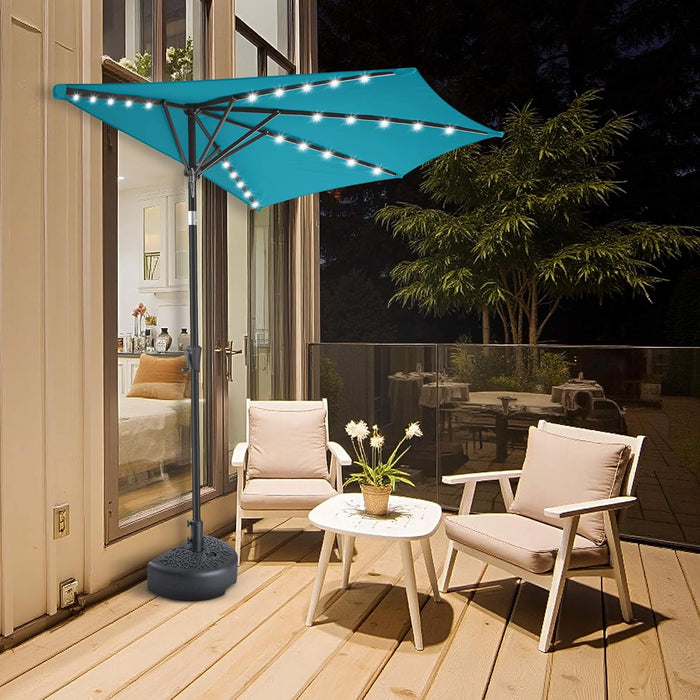 9 FT Solar Half Patio Umbrella with 25 LED Lights, Half Outdoor Umbrella with Button Tilt, Half round Table Umbrella for Deck, Backyard, Balconies, Decks, Rvs, UV Protection (Aqua Blue)