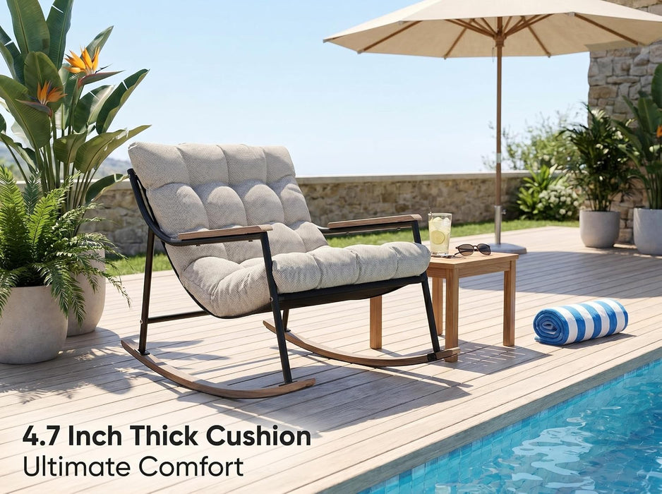 Papasan Rocking Chair with Armrest Outdoor Indoor,Heavy Duty Metal Outdoor Rocking Chair with Cushion,All-Weather Patio Lounge Chair for Balcony,Garden,Living Room (1Pcs)