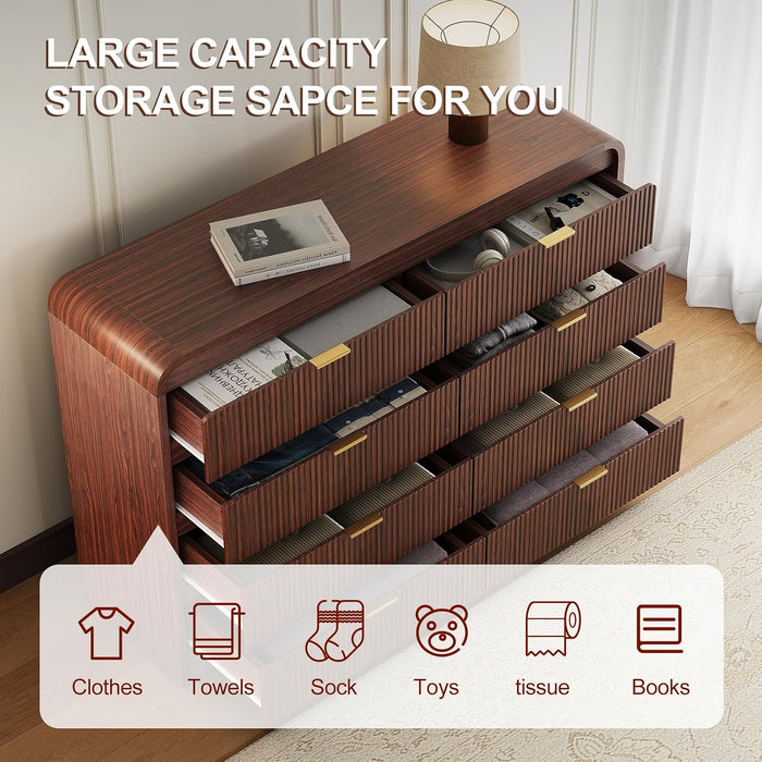 Fluted 8 Drawers Dresser for Bedroom, 55" Wide Wooden Dresser with Metal Handle, Curved Profile Design, Modern Storage Organizer for Bedroom, Living Room, Hallway, Dark Walnut