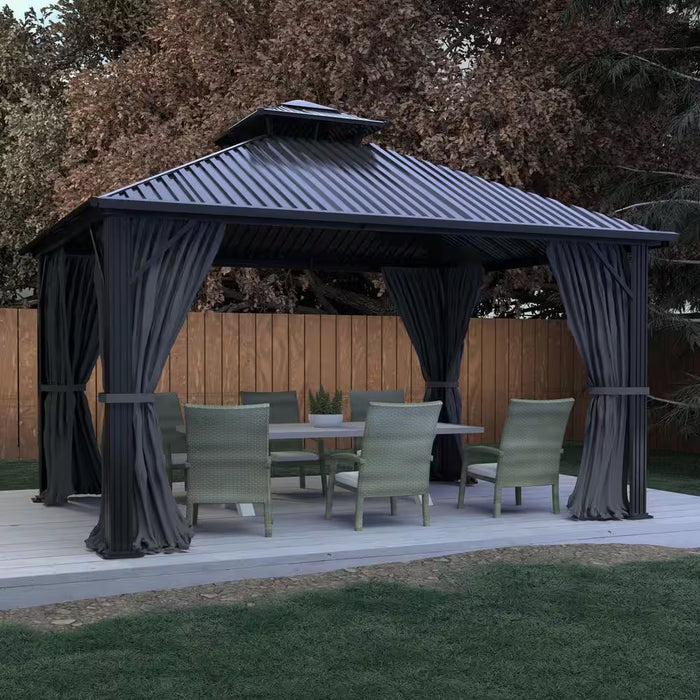 10 Ft. W X 10 Ft. D Hardtop Gazebo Aluminum Double Roof Metal Gazebo with Curtain and Netting