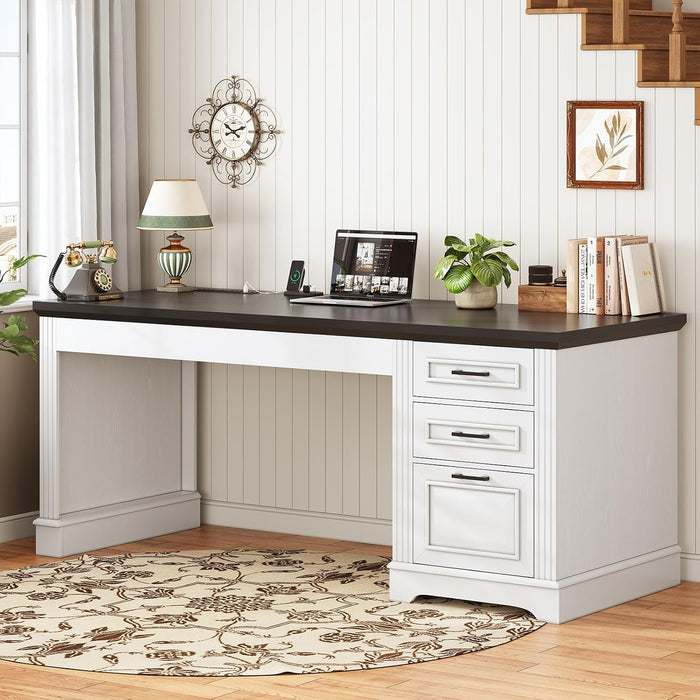 Office Desk with 3 Drawers, 55" Executive Computer Desk with Storage Drawers, Farmhouse Desk with Power Outlet for Home Office, White