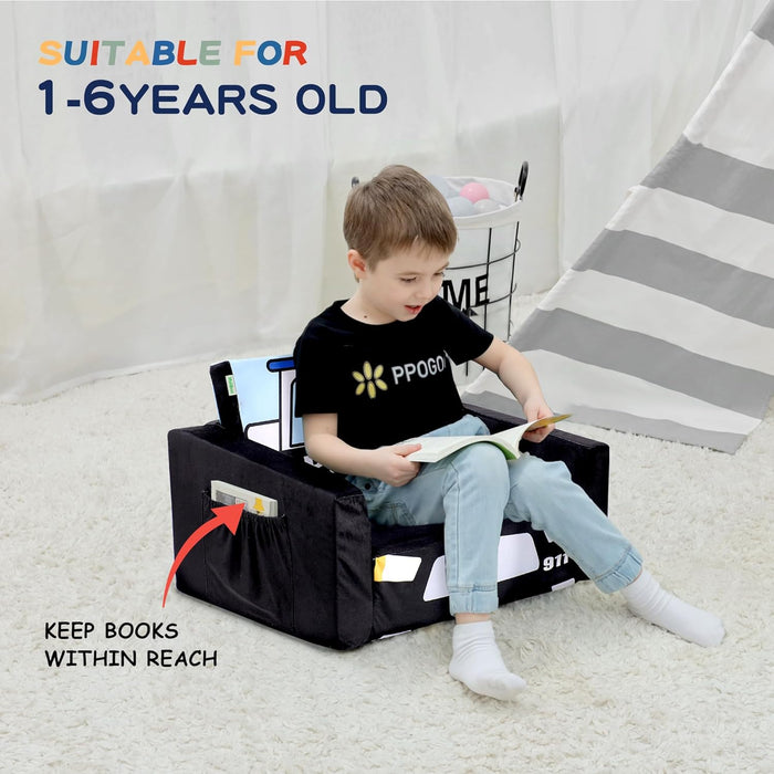 Kids Sofas Toddler Couch Bed Baby'S Upholstered Chair Sleepover Couch Flipout Open Recliner(Black/Police Car)