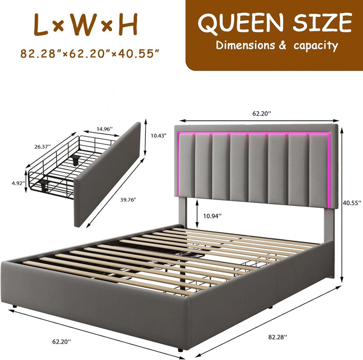 Queen Size Upholstered Platform Bed Frame, Wooden Slats Support with 4 Storage Drawers, Built in Charging Station & LED, Noise-Free, No Box Spring Needed, Grey
