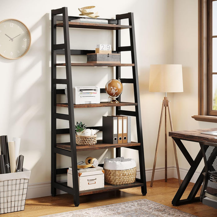 5-Tier Bookshelf Industrial Bookcase, 5 Shelf Ladder Shelf Book Storage Shelf Organizer for Living Room, Home Office