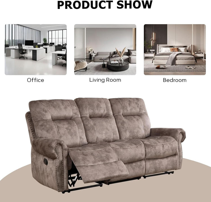 Manual Recliner 3 Seat Sofa Couch, Soft Fabric 3 Seater Reclining Couch Chair, Vintage Rivet Mid-Century Design Furniture for Living Room, Meeting Room, Brown