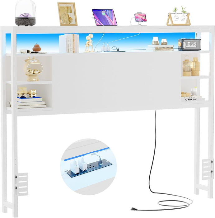 Full Size Headboard with Storage, Headboard with Outlet and RGB LED Light, Sturdy Head Board for Full Size Bed, Stable Headboards Only for Bedroom, Dorm Room, Guest Room, White