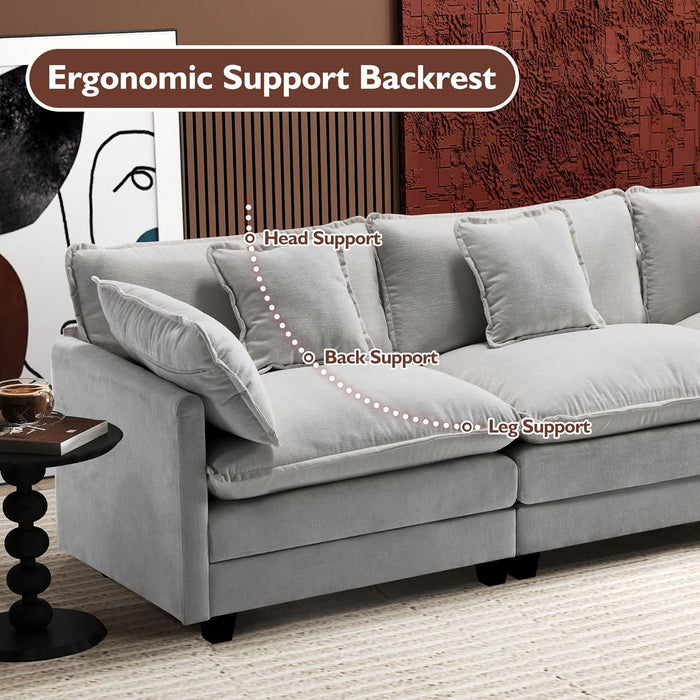 111.4" L Shaped Modern Sofa Modular Sectional Cloud Couch with Ottoman, 4-Seat Chenille Deep Seat Sofa with Pillow for Living Room, Bedroom and Apartment, Grey