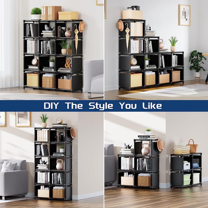 Book Shelf, 12 Cube Storage Organizer, DIY Bookcase, Metal Bookshelf,Tall Book Case for Bedroom, Living Room,Office,Closet, Black Cubicle Rack