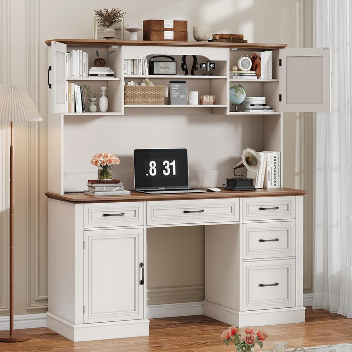 67" H Farmhouse Executive Desk with Hutch.Wood Workstation with 5 Drawers,Storage Cabinet,File Drawers and Charging Station, Ideal as Office Desk,Computer Desk for Home Office, Study(White