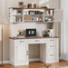 67" H Farmhouse Executive Desk with Hutch.Wood Workstation with 5 Drawers,Storage Cabinet,File Drawers and Charging Station, Ideal as Office Desk,Computer Desk for Home Office, Study(White