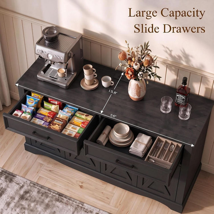 56" Farmhouse Black Buffet Cabinet with Charging Station