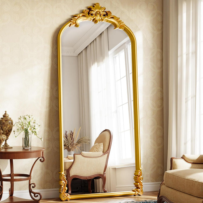 71"X32" Vintage Gold Arched Full Length Mirror with Carved