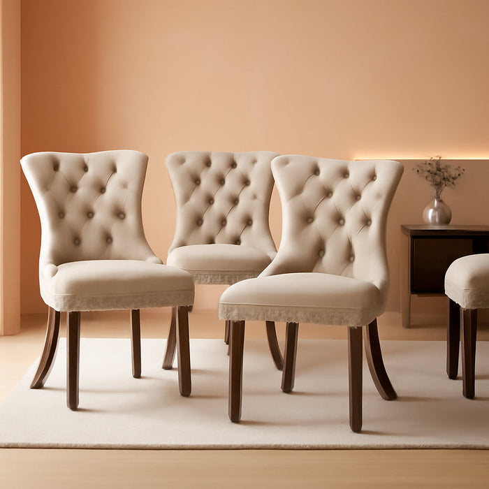 Velvet Dining Chairs Set of 4, Tufted Upholstered Dining Room Chairs with Back Ring Pull, Nailhead Trim and Solid Wood Legs, Modern Dining Chairs for Dining Room, Kitchen(Beige)