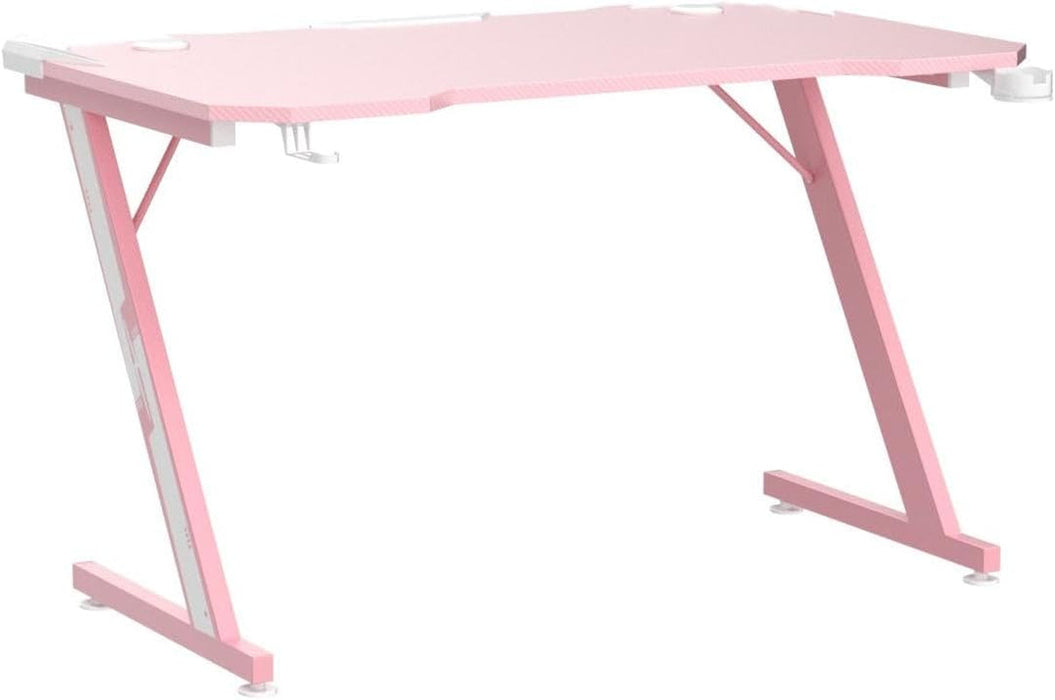 Gaming Computer Desk with Carbon Fiber Surface, Gaming Table Z Shaped Pc Home Office with Cup Holder&Headphone Hook(44 In, Pink)