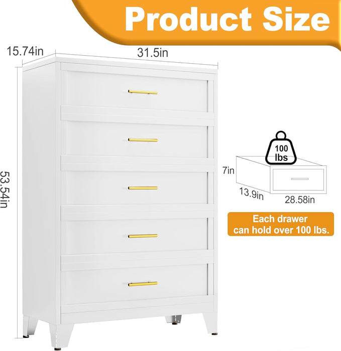 BrightWhite Tall Dresser 5 Drawer Chest 53.54Inches