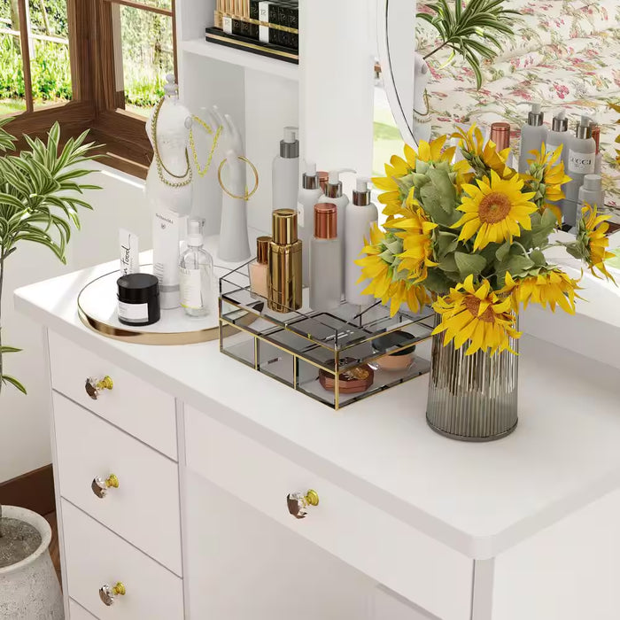 5-Drawers White Makeup Vanity Table Set with Stool Dressing Desk Vanity Wood with round Mirror Storage Shelves