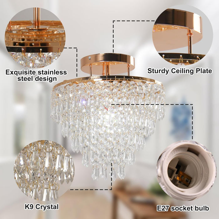 11.8" Crystal Chandelier Gold Crystal Flush Mount Ceiling Light 5 Tiers Raindrops Crystal Pendant Lighting Fixture for Bedroom Hallway Living Room E26 Base