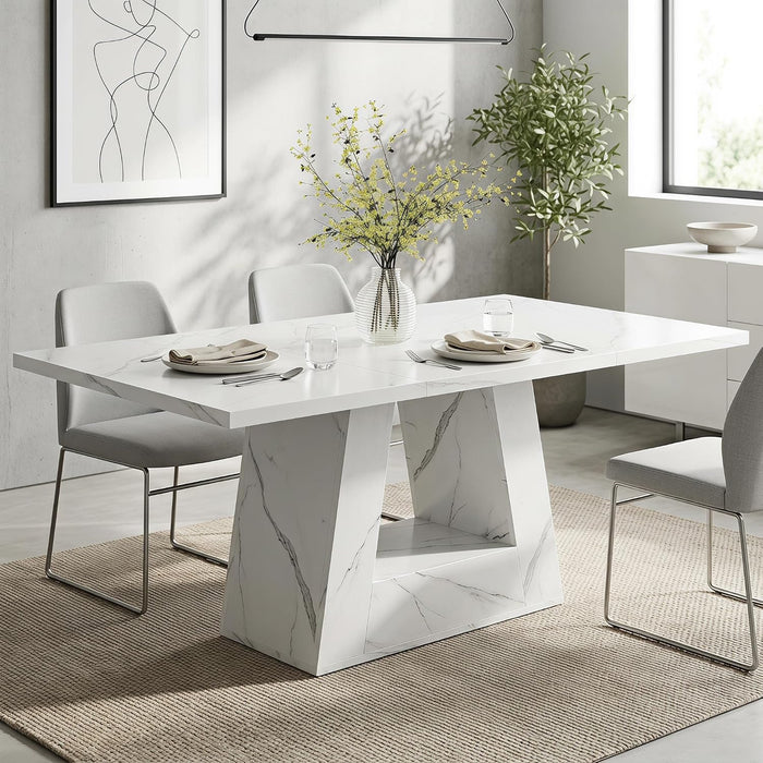 63" Modern Faux Marble Dining Table for 6, Rectangle, White | Kitchen Table, for 4-6 People, MDF, Faux Marble Finish, Heavy Duty Pedestal, for Dining Room, Kitchen, Living Room, White