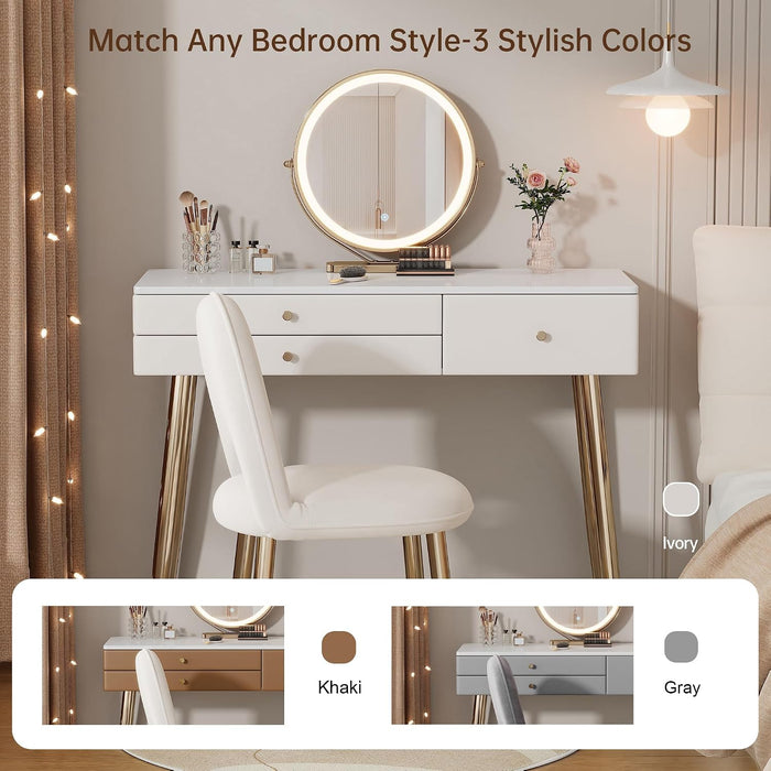 Vanity Desk with Mirror and Lights| 39" Beige Modern Makeup Vanity Set with Drawers & Adjustable Chair| White and Gold Dressing Table for Small Spaces & Bedroom