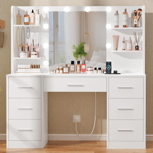 Large Vanity Desk with LED Lighted Mirror & Power Outlet,Makeup Vanity Table with 7 Drawers,4 Shelves and 5 Hooks,Vanity Table, Vanity Desk Set for Bedroom,Bathroom,White
