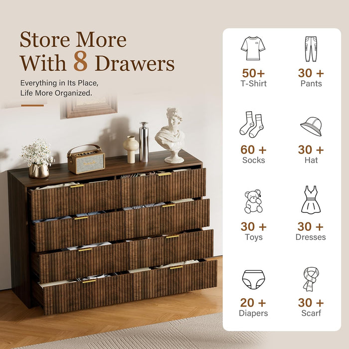 Walnut Dresser for Bedroom, Modern Dresser with 8 Drawers and Smooth Slides, Wide Chest of Drawers with Golden Handles for Bedroom, Closet, 15.7" D X 55" W X 37.4" H