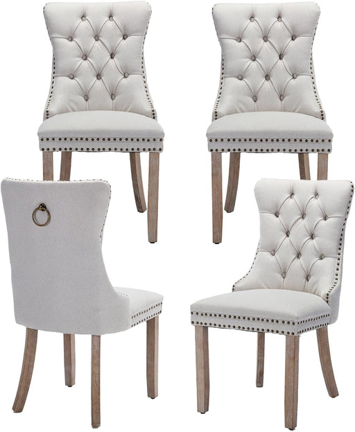 Beige Dining Chairs Set of 4, Upholstered Tufted Linen Fabric Dining Room Chairs with High Back, Nailhead Trim and Solid Wood Legs, Modern Dining Chair for Dining Room, Kitchen(Beige)