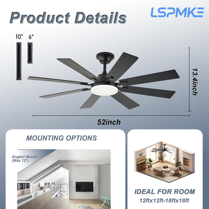 Ceiling Fan with Light & Remote Indoor/Outdoor Use 52 Inch Black