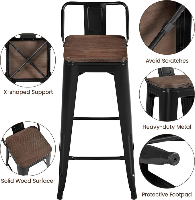 30" Metal Barstools Set of 4 Bar Height Bar Stools with Wooden Top Low Back Industrial Bar Stools Metal Stool for Indoor-Outdoor Counter Stools with Wooden Seat Matte Black