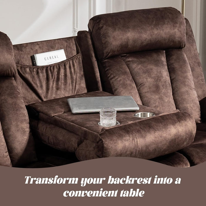 Electric Power Reclining Sofa Set - 3-Seater with Flip-Top Console & Massage Heat, Faux Leather Dual Recliner with USB Ports & Storage, Perfect for Living Room Comfort & Convenience (Brown)