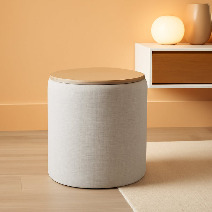 Storage Ottoman with Wood Top - Light Gray Textured Woven