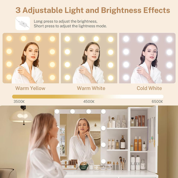 Vanity Desk with Mirror and Lights, Makeup Vanity with 4 Drawers, Cabinet & 4 Necklace Hooks, White Vanity with Mirror and 10 LED Lights, Dressing Table for Women, Bedroom, White
