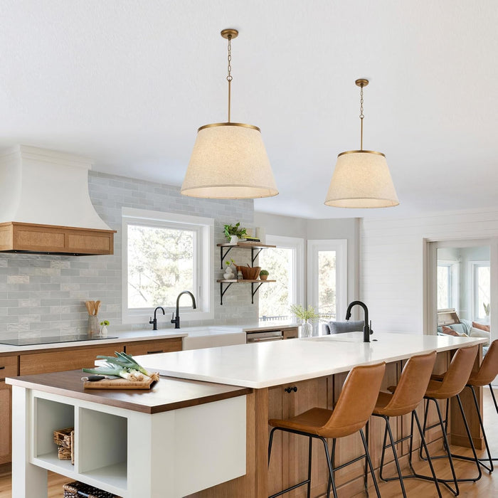 24" Boho Chandelier, Tapered Fabric Drum and Antique Gold Accents Paint Finish Shade Pendant Lighting for Nursery Room Dining Room Living Room Kitchen