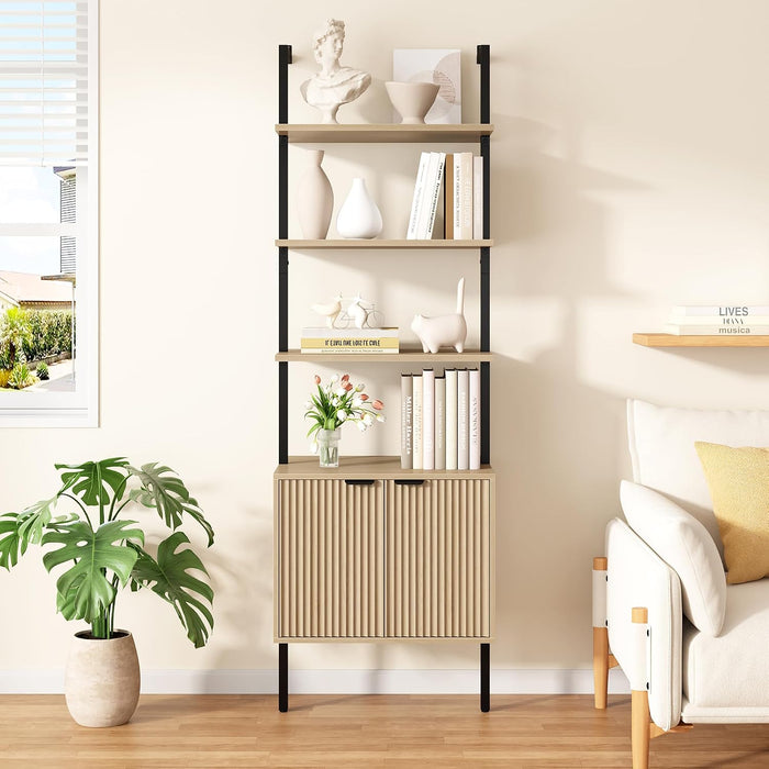 73" Tall Bookshelf with Cabinet, Industrial Ladder Wall Mount Shelf Bookcase with Wood and Metal Frame, Plant Shelf Wall Storage Display for Living Room Bedroom, Wavy Light Ivory