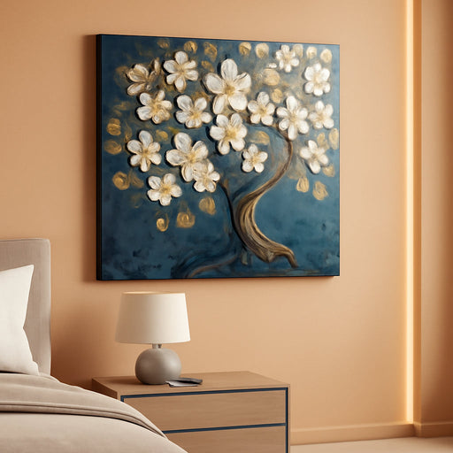 Tree of Life Large Canvas Wall Art, Abstract Gold Tree Modern Office Decorations, Nature White Floral Artwork for Walls, Navy Blue Pictures Wall Decor Living Room Bedroom Art Prints 20"X40"