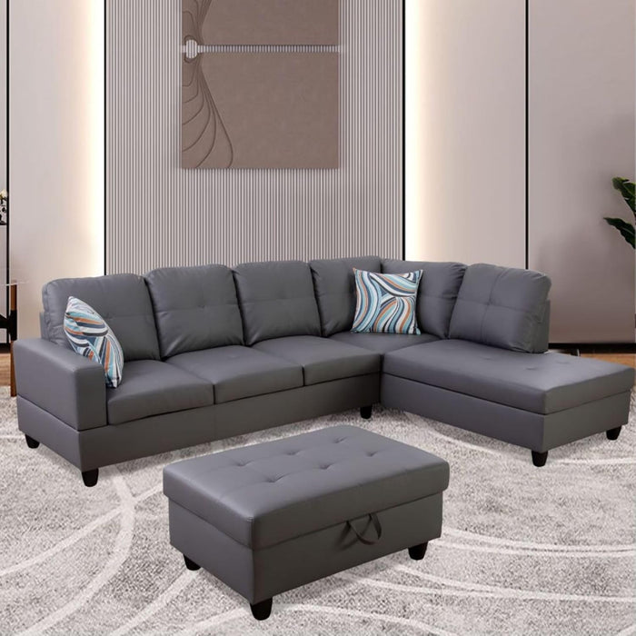 L-Shaped 3-Piece Semi PU Synthetic Leather Sofa with Storage Ottoman Set, Sectional Couch Sofa Set for Living Room, Office, Small Space, Dark Grey