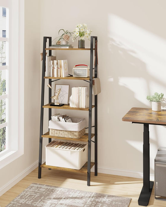 Ladder Shelf, Bookshelf, Freestanding Corner Storage Shelf | Bookcase with 2 Hooks for Office, Living Room, Kitchen, Bedroom, Industrial, 11.8"D X 23.6"W X 63"H, Rustic Brown BC19301B