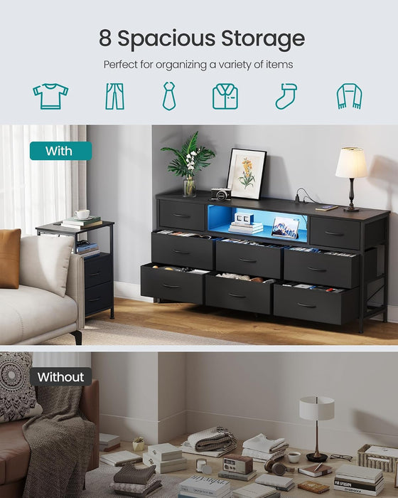 Dresser for Bedroom with Outlets & LED Lights, 8 Fabric Drawers