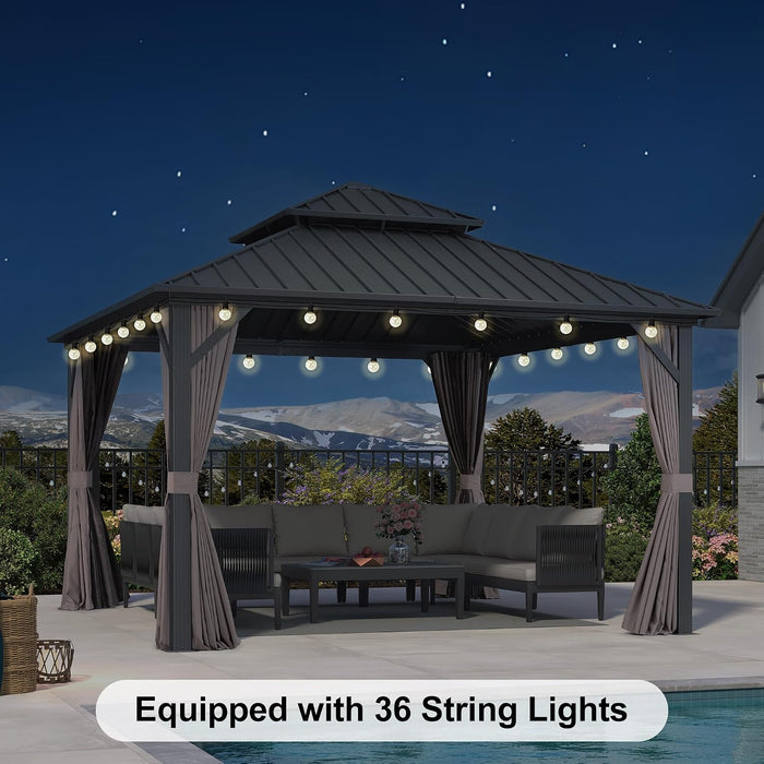 12'X12' Hardtop Gazebo with Lights Heavy Duty Outdoor Patio Gazebo Double Roof Galvanized Steel Including Netting and Curtains for Garden Lawn Backyard Grey