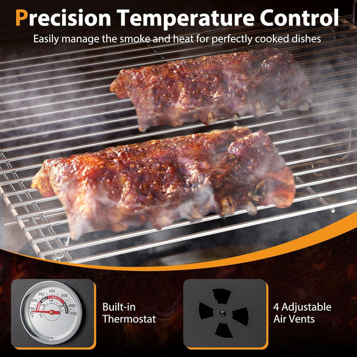 Charcoal Smoker Outdoor, Vertical BBQ Smoker with Thermostat, 2 Access Doors, 2 Cooking Grates, 2 Removable Pans & 4 Air Vents, Meat Smokers Grill for Parties, Barbecues and Backyard