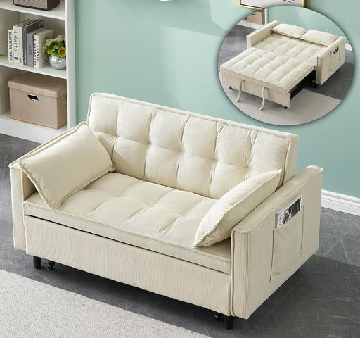 3 in 1 Convertible Sleeper Sofa Bed, Futon Couches for Living Room with Side Pocket | Adjustable Backrest| Corduroy Fabric | Pull Out Couch | Recliner Loveseat | Sectional Sofa, Creamywhite