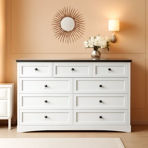 Dresser for Bedroom with 9 Drawers, 51.2" Large Dresser with Charging Station, Wide Farmhouse Dresser Chest of Drawers, Wooden Storage Tower Organizer, Dresser for Bedroom Closet, White/Black