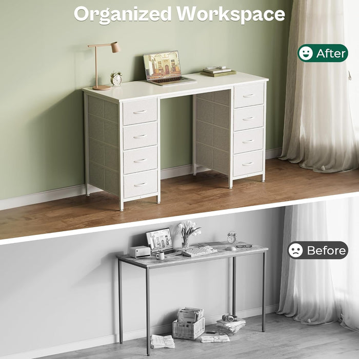 47 Inch Vanity Desk with 8 Drawers, White Desk, Makeup Desk with Large Storage, Fabric Drawers, Wooden Desktop, Computer Desk Work Desk, for Home Office, Bedroom