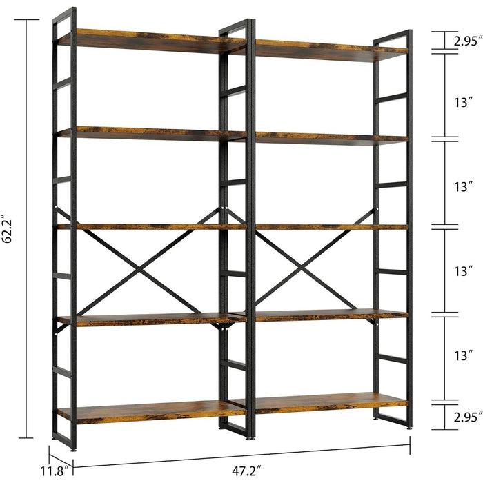 2 Pieces 5 Tiers Bookshelf, Classically Tall Bookcase Shelf, Industrial Book Rack, Modern Book Holder in Bedroom/Living Room/Home/Office, Storage Rack Shelves for Books/Movies-Rustic Brown