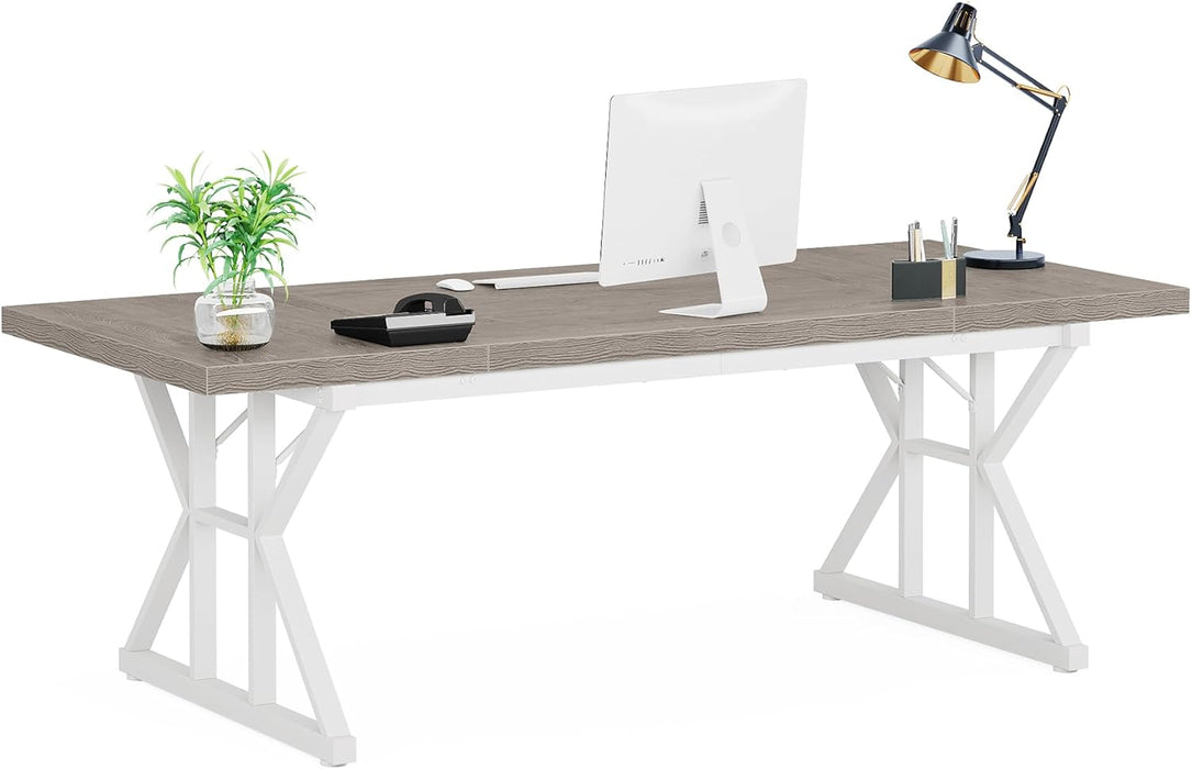 70.8-Inch Executive Desk, Large Computer Office Desk Workstation, Modern Simple Style Laptop Desk Study Writing Table Business Furniture for Home Office (Grey/White, 70.8 Inch)