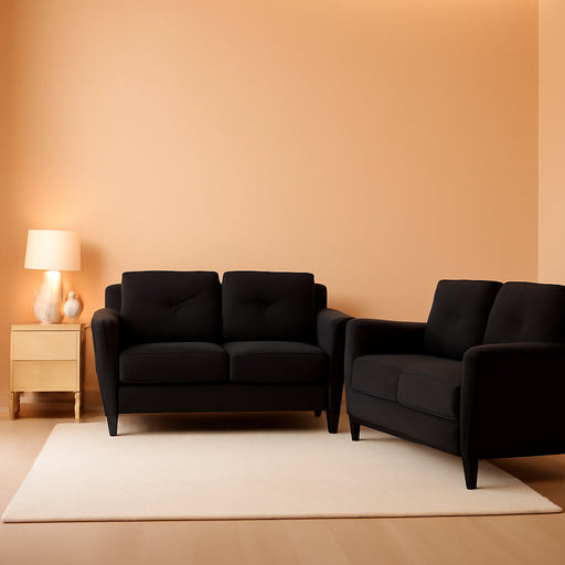 2-Piece Polyester Microfiber Fabric Upholstered Sofa Set with 78" W Sofa & 56" W Loveseat, Curved Arms, Sturdy Wood Frame & Legs, Tufted Back Cushions, in Black Finish