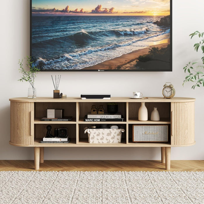 TV Stand, Media Console Table with Sliding Door and Storage Compartment, Modern Entertainment Center with Storage for Living Room, Bedroom, Home Office (Natural)