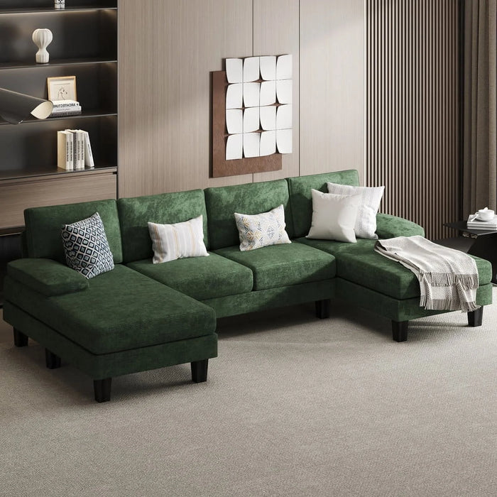 Modern U-Shape Sectional Sofa, Chenille Fabric Modular Couch, 4 Seat Oversized Sofa with Chaise for Living Room, Green