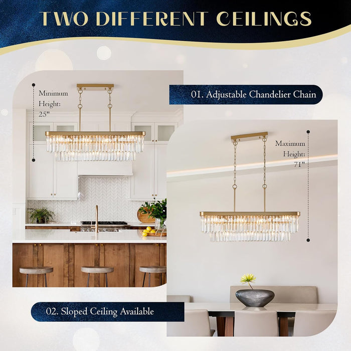 Gold Crystal Chandelier 11 Lights Rectangular Fixture
